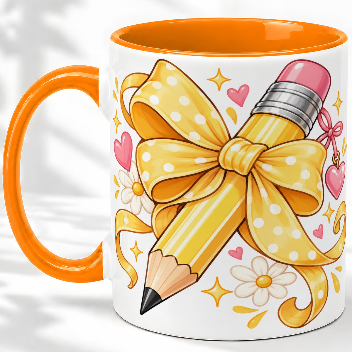 #pl[11oz|Orange] Cute Pencil Bow Accent Mug with School Theme Daisy Art for Coffee