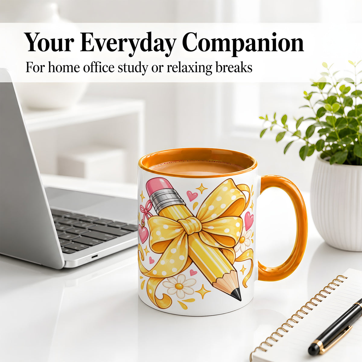 #pl[11oz|Orange] Cute Pencil Bow Accent Mug with School Theme Daisy Art for Coffee