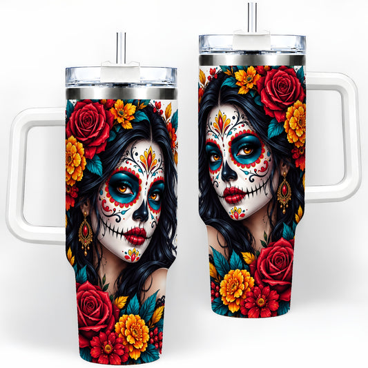 Colorful Sugar Skull Floral 40oz Tumbler, Stainless Steel for Daily Use