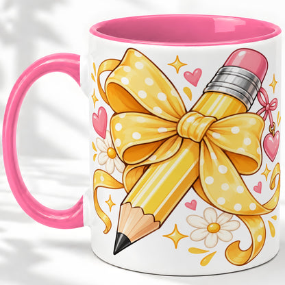 #pl[11oz|Pink] Cute Pencil Bow Accent Mug with School Theme Daisy Art for Coffee