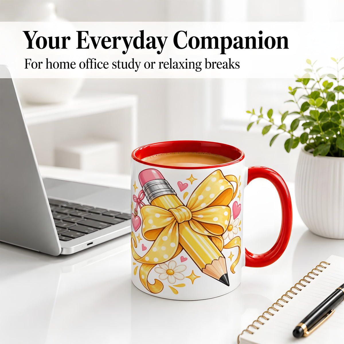 #pl[11oz|Red] Cute Pencil Bow Accent Mug with School Theme Daisy Art for Coffee