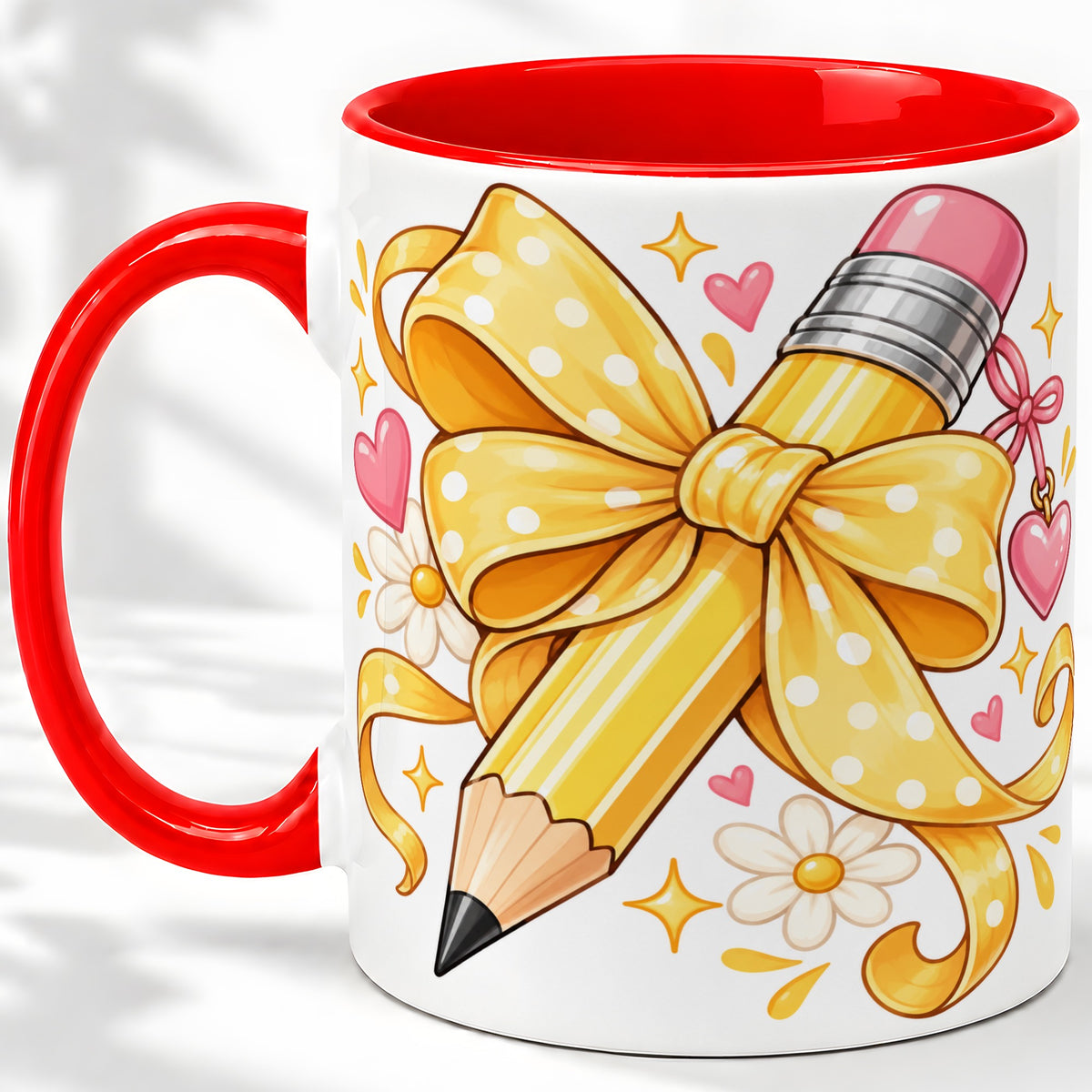 Cute Pencil Bow Accent Mug with School Theme Daisy Art for Coffee