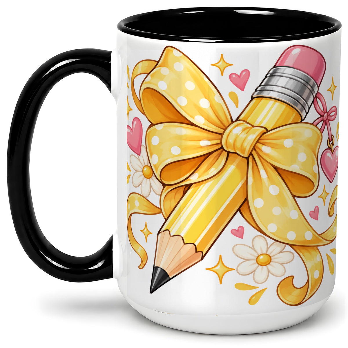 #pl[15oz|Black] Cute Pencil Bow Accent Mug with School Theme Daisy Art for Coffee