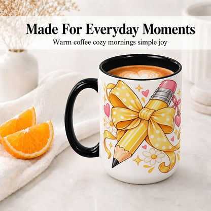 #pl[15oz|Black] Cute Pencil Bow Accent Mug with School Theme Daisy Art for Coffee