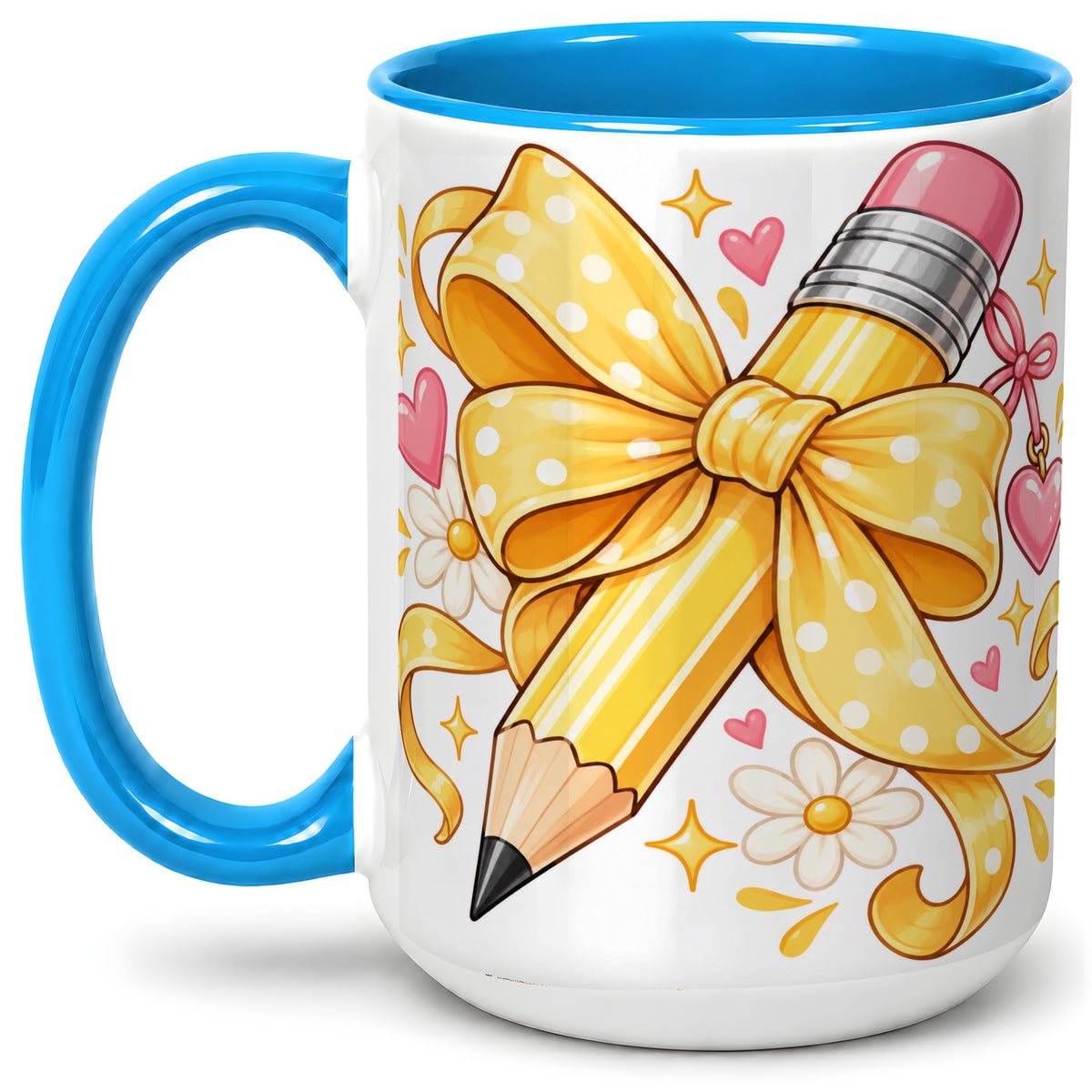 #pl[15oz|Blue] Cute Pencil Bow Accent Mug with School Theme Daisy Art for Coffee