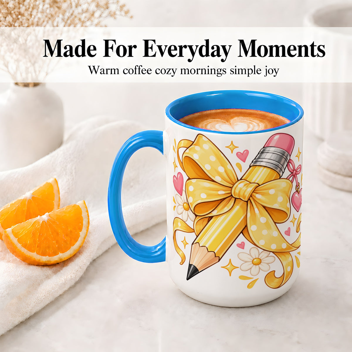 #pl[15oz|Blue] Cute Pencil Bow Accent Mug with School Theme Daisy Art for Coffee