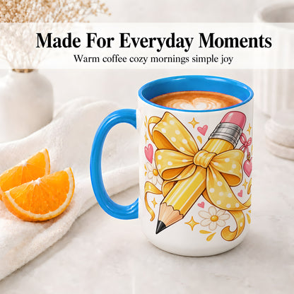 #pl[15oz|Blue] Cute Pencil Bow Accent Mug with School Theme Daisy Art for Coffee