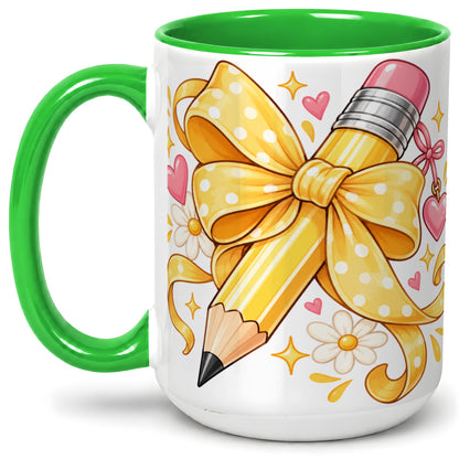 #pl[15oz|Green] Cute Pencil Bow Accent Mug with School Theme Daisy Art for Coffee