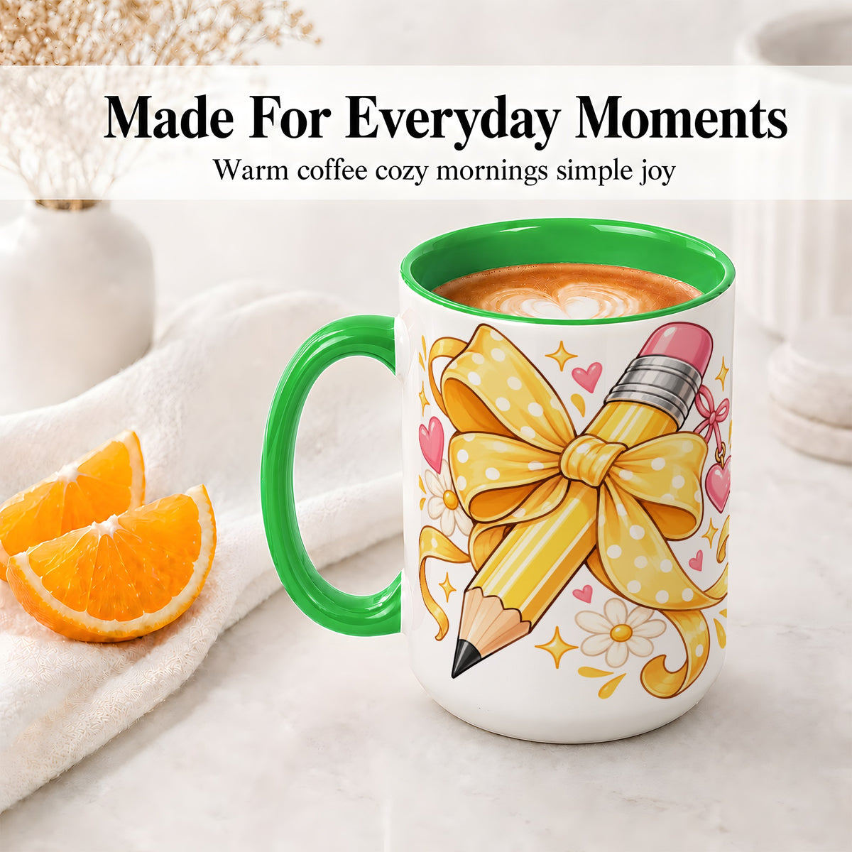 #pl[15oz|Green] Cute Pencil Bow Accent Mug with School Theme Daisy Art for Coffee