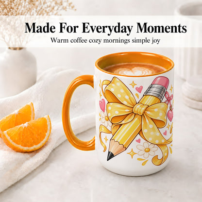 #pl[15oz|Orange] Cute Pencil Bow Accent Mug with School Theme Daisy Art for Coffee