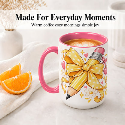 #pl[15oz|Pink] Cute Pencil Bow Accent Mug with School Theme Daisy Art for Coffee