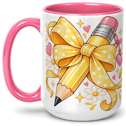 #pl[15oz|Pink] Cute Pencil Bow Accent Mug with School Theme Daisy Art for Coffee