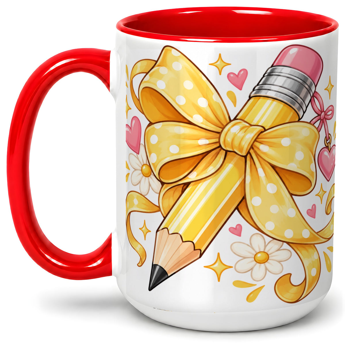 #pl[15oz|Red] Cute Pencil Bow Accent Mug with School Theme Daisy Art for Coffee