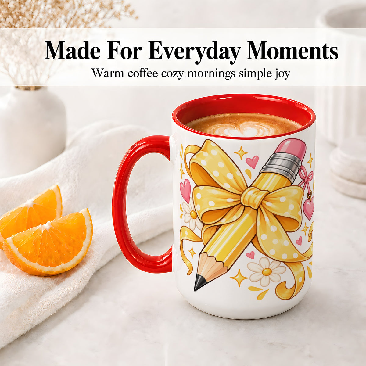 #pl[15oz|Red] Cute Pencil Bow Accent Mug with School Theme Daisy Art for Coffee
