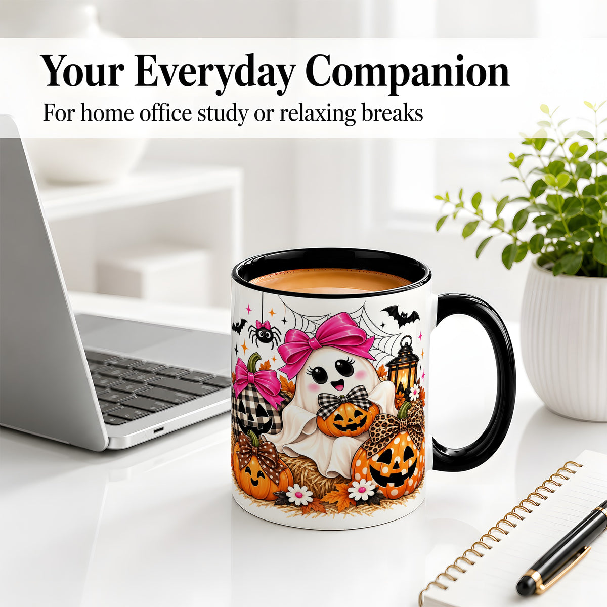 #pl[11oz|Black] Cute Halloween Ghost Accent Mug with Pumpkin Bow Art for Coffee