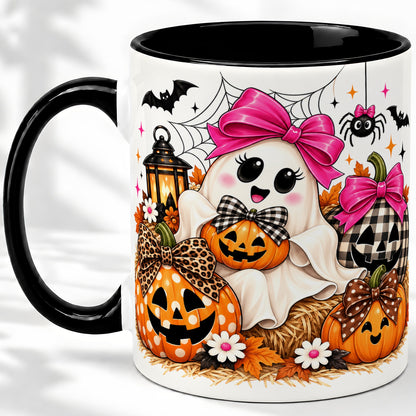 #pl[11oz|Black] Cute Halloween Ghost Accent Mug with Pumpkin Bow Art for Coffee