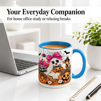 #pl[11oz|Blue] Cute Halloween Ghost Accent Mug with Pumpkin Bow Art for Coffee