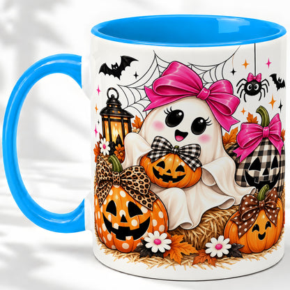 #pl[11oz|Blue] Cute Halloween Ghost Accent Mug with Pumpkin Bow Art for Coffee