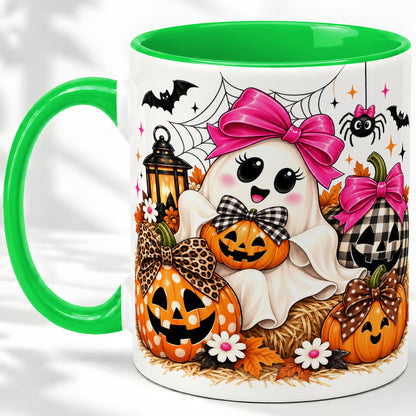 #pl[11oz|Green] Cute Halloween Ghost Accent Mug with Pumpkin Bow Art for Coffee