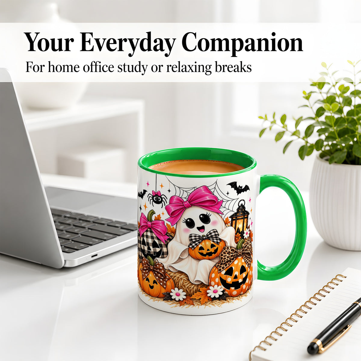 #pl[11oz|Green] Cute Halloween Ghost Accent Mug with Pumpkin Bow Art for Coffee