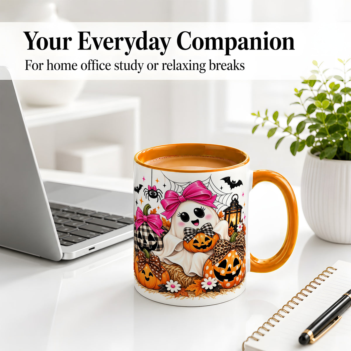 #pl[11oz|Orange] Cute Halloween Ghost Accent Mug with Pumpkin Bow Art for Coffee