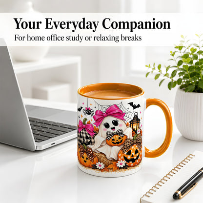 #pl[11oz|Orange] Cute Halloween Ghost Accent Mug with Pumpkin Bow Art for Coffee