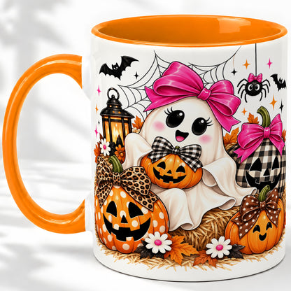 #pl[11oz|Orange] Cute Halloween Ghost Accent Mug with Pumpkin Bow Art for Coffee