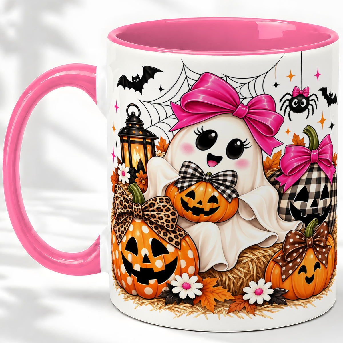 #pl[11oz|Pink] Cute Halloween Ghost Accent Mug with Pumpkin Bow Art for Coffee