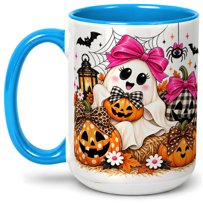 #pl[15oz|Blue] Cute Halloween Ghost Accent Mug with Pumpkin Bow Art for Coffee