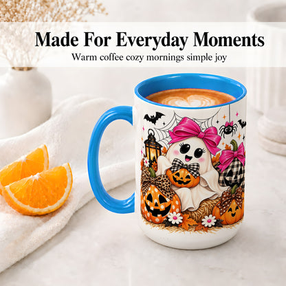#pl[15oz|Blue] Cute Halloween Ghost Accent Mug with Pumpkin Bow Art for Coffee