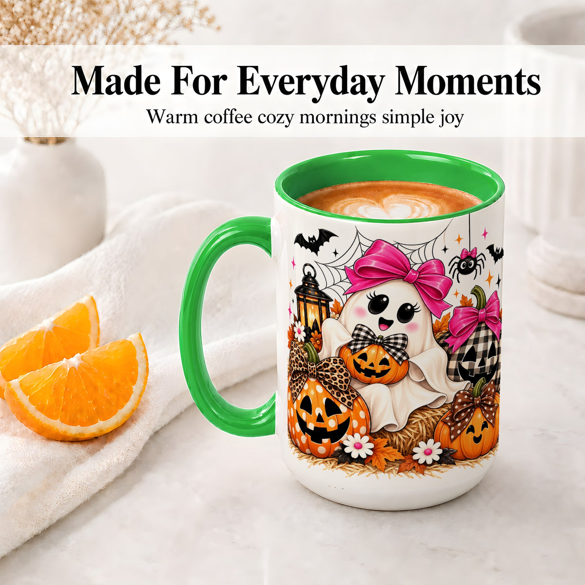 #pl[15oz|Green] Cute Halloween Ghost Accent Mug with Pumpkin Bow Art for Coffee