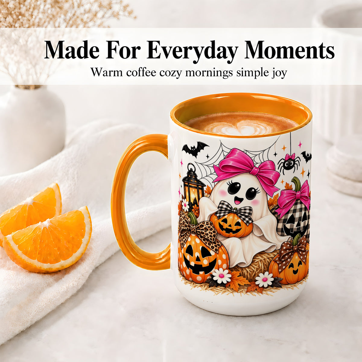 #pl[15oz|Orange] Cute Halloween Ghost Accent Mug with Pumpkin Bow Art for Coffee