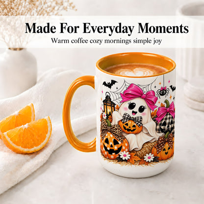 #pl[15oz|Orange] Cute Halloween Ghost Accent Mug with Pumpkin Bow Art for Coffee