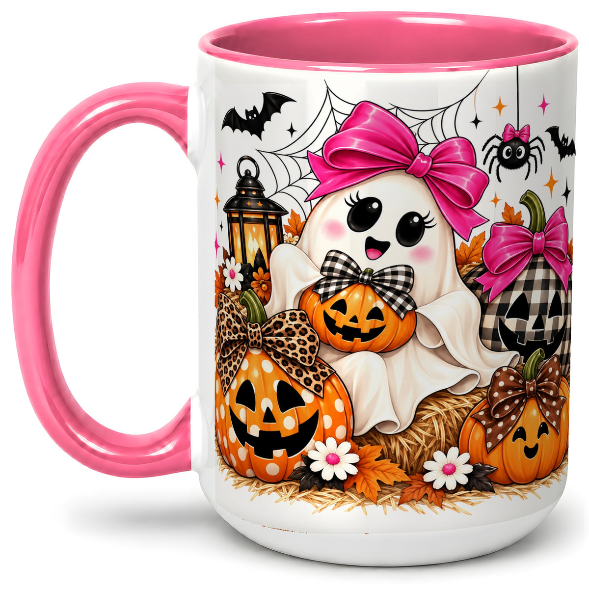 #pl[15oz|Pink] Cute Halloween Ghost Accent Mug with Pumpkin Bow Art for Coffee