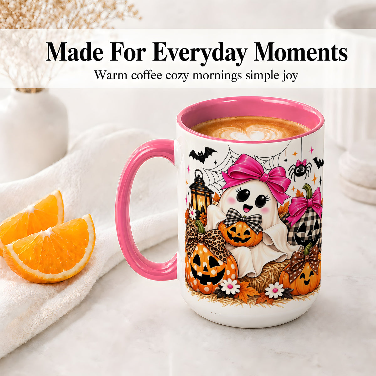 #pl[15oz|Pink] Cute Halloween Ghost Accent Mug with Pumpkin Bow Art for Coffee