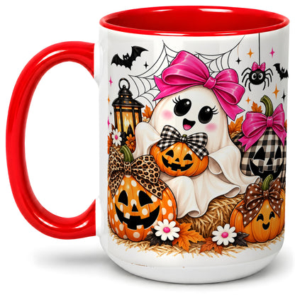 #pl[15oz|Red] Cute Halloween Ghost Accent Mug with Pumpkin Bow Art for Coffee