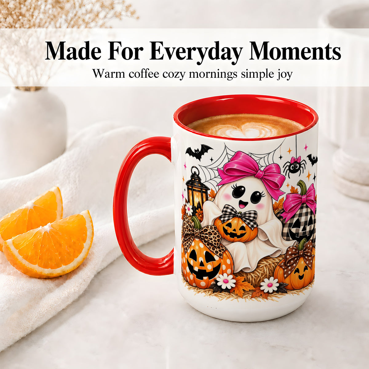#pl[15oz|Red] Cute Halloween Ghost Accent Mug with Pumpkin Bow Art for Coffee