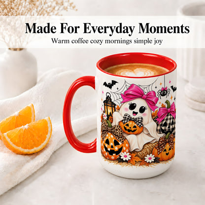 #pl[15oz|Red] Cute Halloween Ghost Accent Mug with Pumpkin Bow Art for Coffee