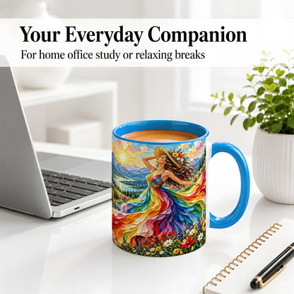 #pl[11oz|Blue] Rainbow Dress Woman Accent Mug with Mountain Landscape Artwork