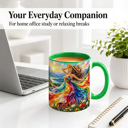 #pl[11oz|Green] Rainbow Dress Woman Accent Mug with Mountain Landscape Artwork