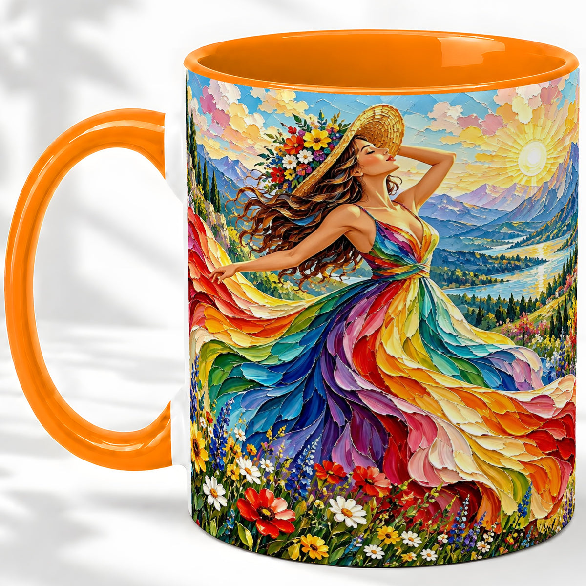 #pl[11oz|Orange] Rainbow Dress Woman Accent Mug with Mountain Landscape Artwork