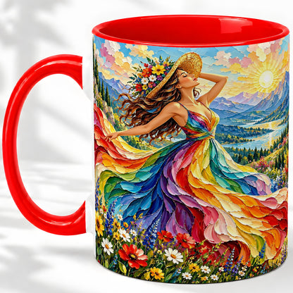 Rainbow Dress Woman Accent Mug with Mountain Landscape Artwork