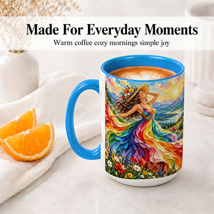 #pl[15oz|Blue] Rainbow Dress Woman Accent Mug with Mountain Landscape Artwork