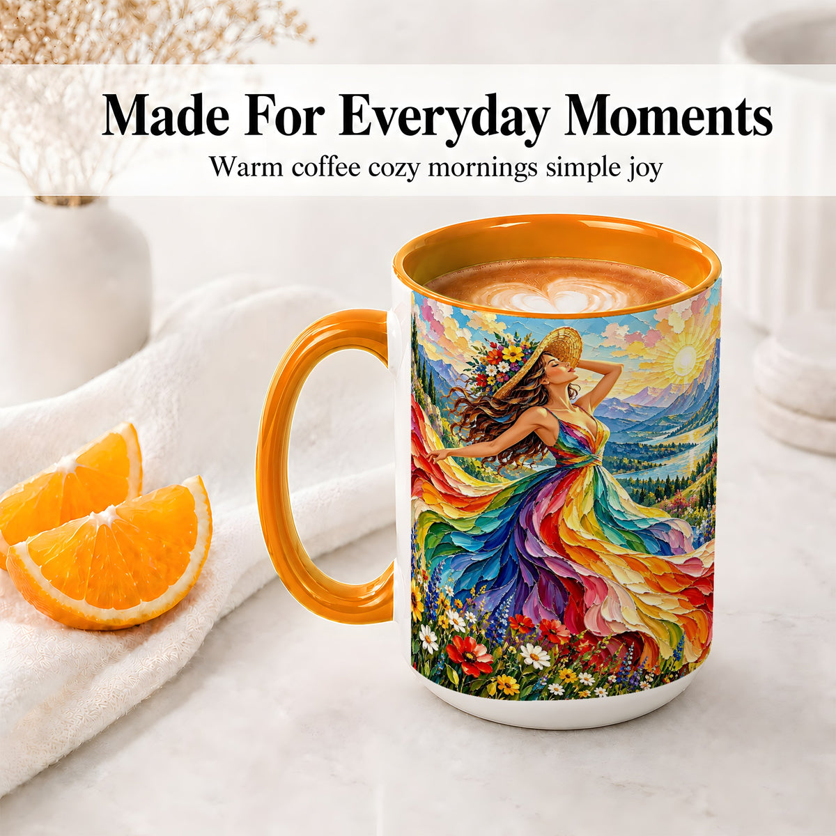 #pl[15oz|Orange] Rainbow Dress Woman Accent Mug with Mountain Landscape Artwork