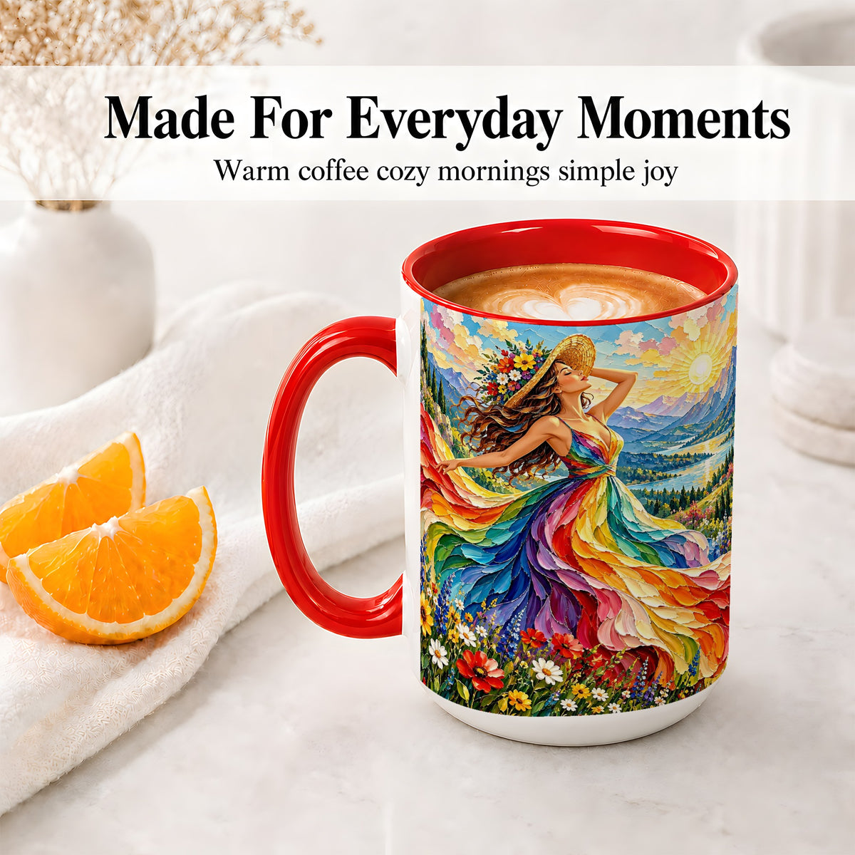 #pl[15oz|Red] Rainbow Dress Woman Accent Mug with Mountain Landscape Artwork