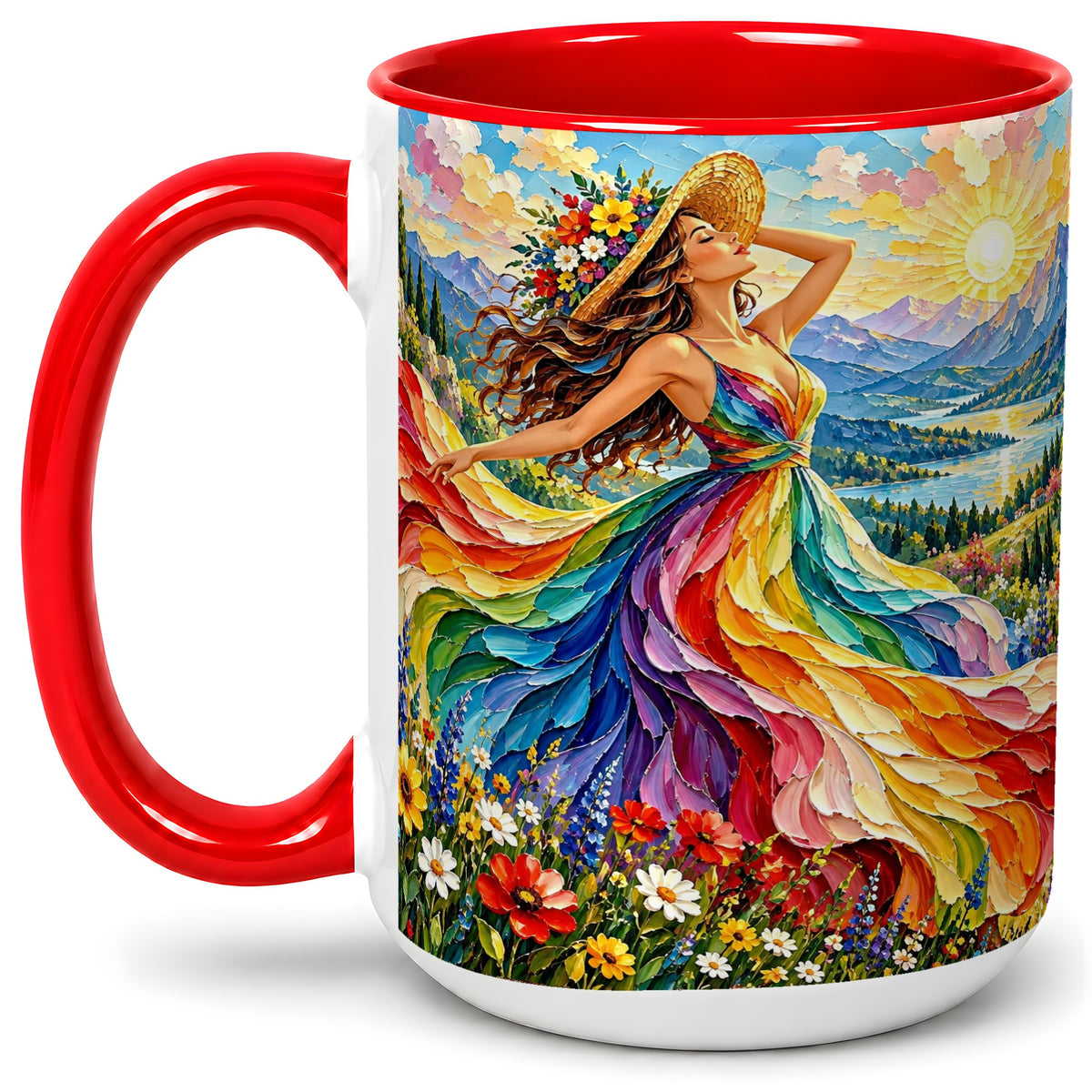#pl[15oz|Red] Rainbow Dress Woman Accent Mug with Mountain Landscape Artwork