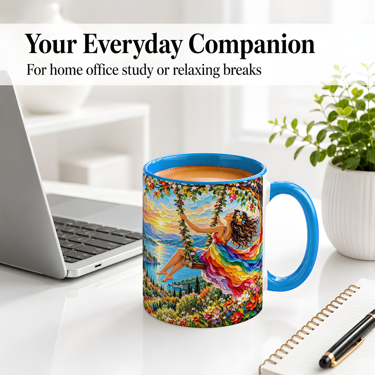 #pl[11oz|Blue] Rainbow Swing Woman Accent Mug with Mountain Lake Scenic Artwork