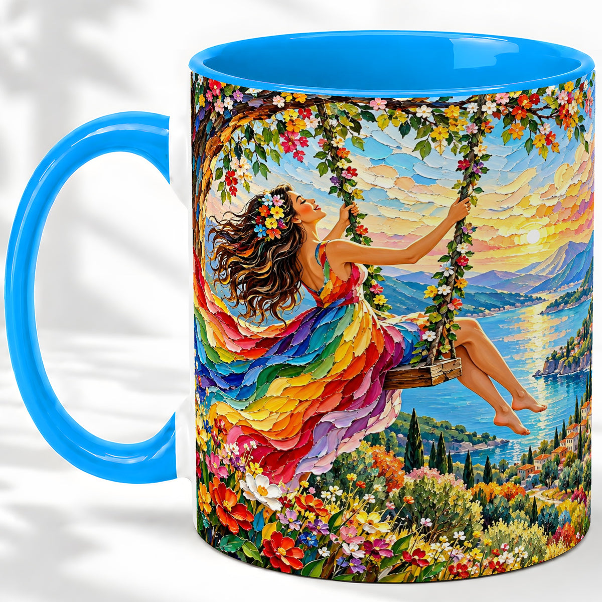 #pl[11oz|Blue] Rainbow Swing Woman Accent Mug with Mountain Lake Scenic Artwork