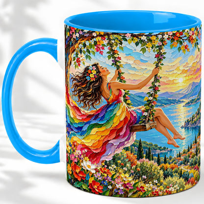 #pl[11oz|Blue] Rainbow Swing Woman Accent Mug with Mountain Lake Scenic Artwork