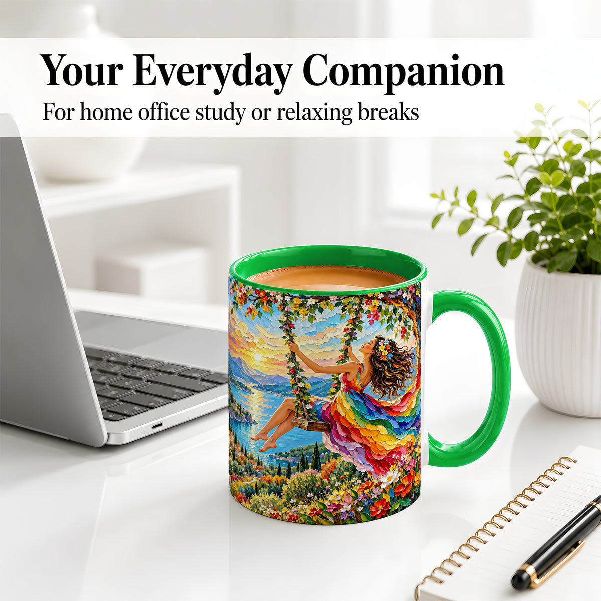 #pl[11oz|Green] Rainbow Swing Woman Accent Mug with Mountain Lake Scenic Artwork